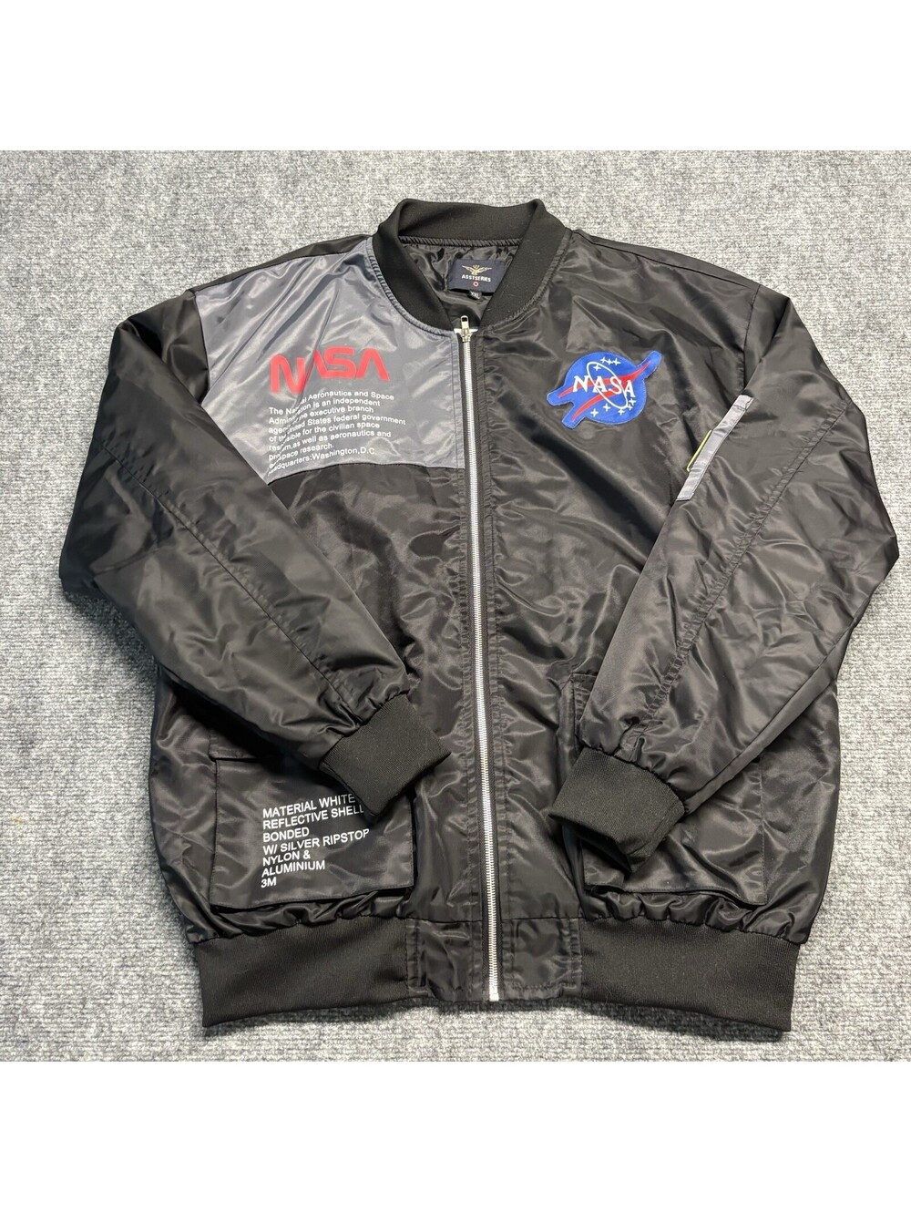 Asstseries NASA Logo Bomber Jacket Windbreaker USA Flag Patch Black Size XXL